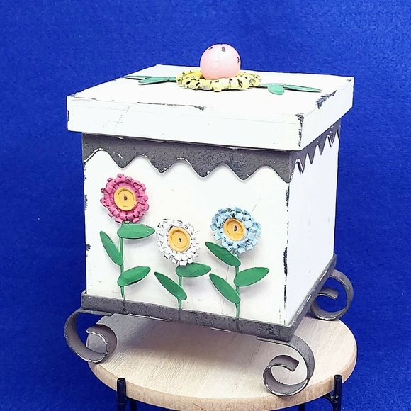 Storage Box Wood Metal Footed Stand Painted Metal Flower Design Whimsical Decor - Picture 1 of 11